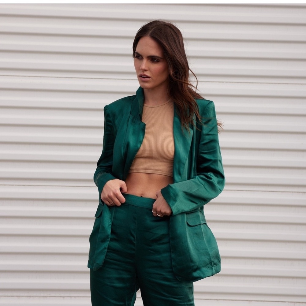 Emerald Green Satin Pants Top Blazer Set